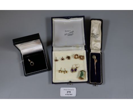 Brilliant cut blue stone pendent, assorted gold earrings, a £1 note charm and 2 stick pins.  (B.P. 21% + VAT) 