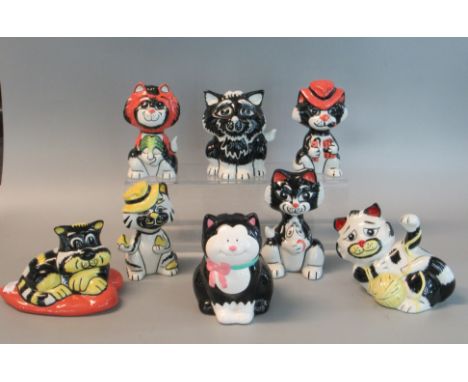 A collection of 7 Lorna Bailey novelty china cats, all appearing signed to the bases together with another ceramic cat moneyb