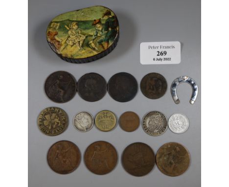 Papier Mache kidney shaped snuff box with printed top, containing a number of assorted old British coins etc. (B.P. 21% + VAT