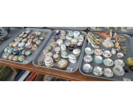 Three trays, two with a collection of pill boxes and other lidded boxes including Aynsley, Limoges, Staffordshire etc. Two bl