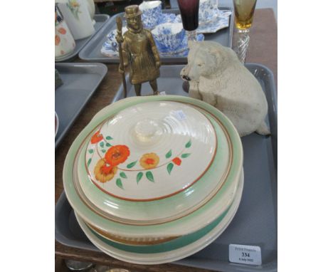 Tray of assorted items: Clarice Cliff, Newport Pottery, Art Deco hand-painted vegetable dish with lid, stamped 'Clarice Cliff