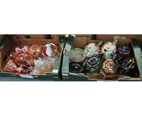 Two boxes of pottery and glass to include: a selection of orange carnival glass, clear moulded glass and a collection of six 