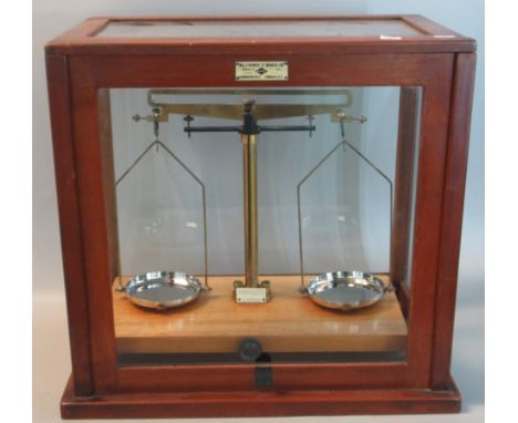 W & J George & Becker Ltd chemical balance or laboratory scales in fitted wooden glass case. (B.P. 21% + VAT) 