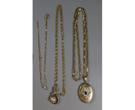 Gold pearl pendant on fine link chain, a gold locket and chain and another fine link gold chain.  21g approx.  (B.P. 21% + VA