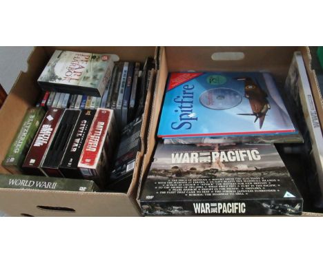 Two boxes of war dvds, to include; 'Pearl Harbour, 'Battle Field Diaries', 'Battle of Britain', 'Blitzkrieg the Lightning War