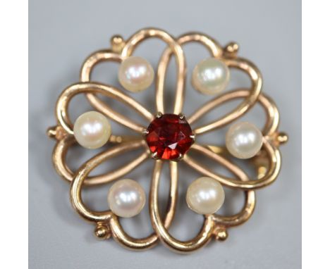 Gold openwork flower-head design pearl and stone set pin brooch.  (B.P. 21% + VAT) 