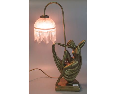 Gilt composition table lamp in the form of a semi nude Art Nouveau lady having frosted shade with beaded tassels (modern)  (B