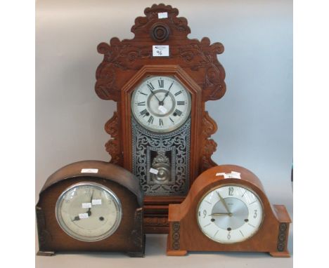Early 20th century Ansonia two train Gingerbread type mantle clock together with two hat shaped mantle clocks, Bentima and Sm