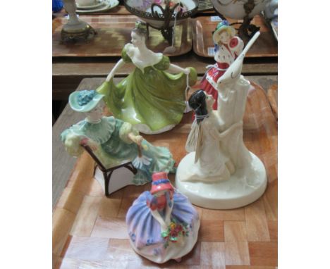 Five Royal Doulton figurines: 'Monica', 'The Ascot', 'Lynne', 'Christmas Morn' and from the Enchantment Collection 'The Magpi