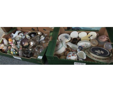 Two boxes of assorted china and glass, to include: glass and white metal liqueur jug with a label 'crema cacao buton' to the 