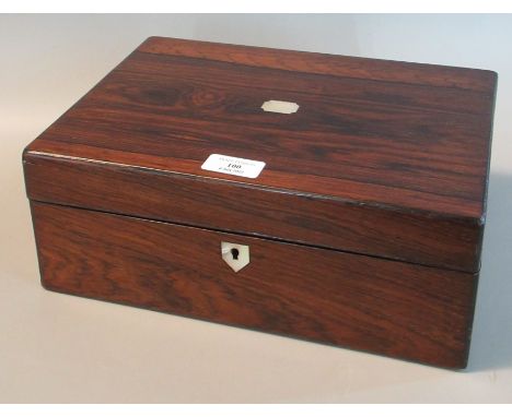 19th century rosewood jewellery box of square form inlaid with mother of pearl cartouche and lock, extensively repaired with 