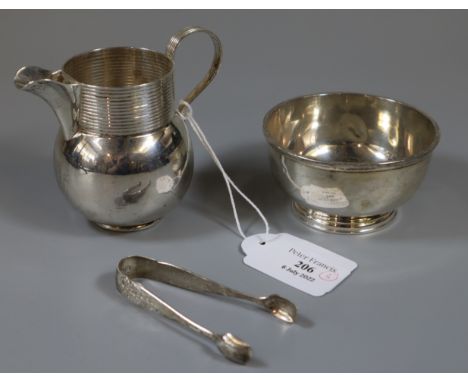 Silver baluster cream jug with Birmingham hallmarks, together with silver pedestal bowl or sucrier with London hallmarks toge