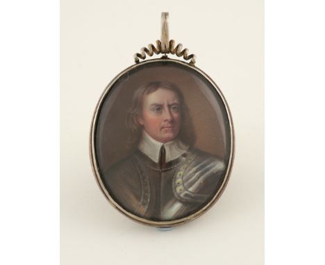 λAfter Robert Walker Portrait miniature of Oliver Cromwell, wearing armour Oval in a white metal frame with scroll surmount 5
