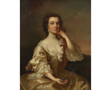 Follower of Joseph Highmore Portrait of a lady, wearing a cream dress with a red shawl, and a pearl earring Oil on copper 32.