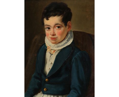 French School Early 19th Century Portrait of a boy, in a blue coat and lace collar Oil on canvas 46.1 x 35.1cm; 18Ό x 13Ύin