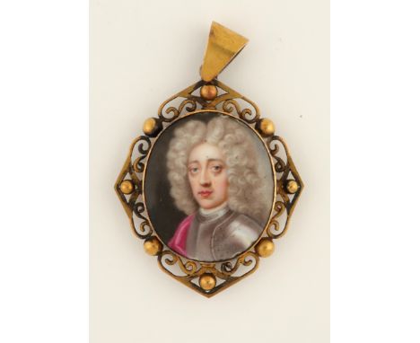 Continental School 18th Century Portrait miniature of a gentleman wearing armour Oval, enamel on copper, in a gilt metal pier