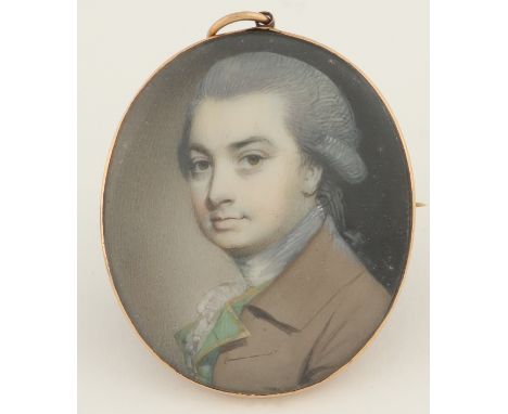 λGeorge Engleheart (1750-1829) Portrait miniature of W.Williams, wearing a brown coat and green waistcoat, with powdered hair
