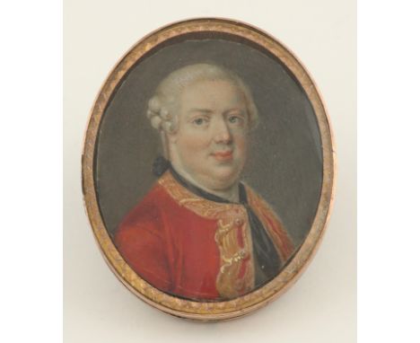 λEnglish School Late 18th Century Portrait miniature of a gentleman, in a red coat and black stock with powdered wig Oval, in