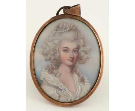 λFollower of Richard Cosway Portrait miniature of a lady, wearing a white dress, with pearls in her hair Oval, in a gilt meta