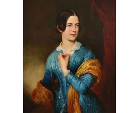 English School 19th Century Portrait of a lady, half-length, wearing a blue dress and yellow shawl Oil on canvas 76.2 x 63.4c