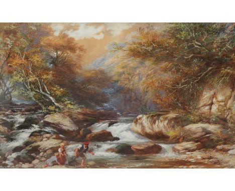 George Childs (1800-1875) Three children playing with a dog by some rapids Watercolour, bodycolour and gum arabic 61.1x 95.3c
