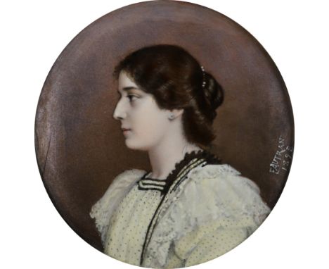 Eugθne Autran (Swiss 1838-1920) Portrait miniature of a young lady, in profile and wearing a white dress Signed and dated 189