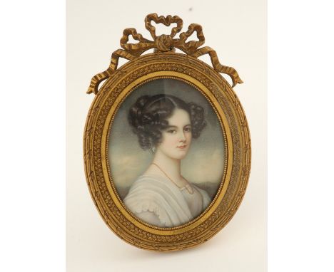 λContinental School Mid 19th Century Portrait miniature of a noblewoman, wearing a white dress and pearl earring Inscribed Gr