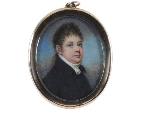 λAdam Buck (Irish 1759-1833) Portrait  miniature of a gentleman in a blue coat and white stock Signed and dated 1805 Oval, in