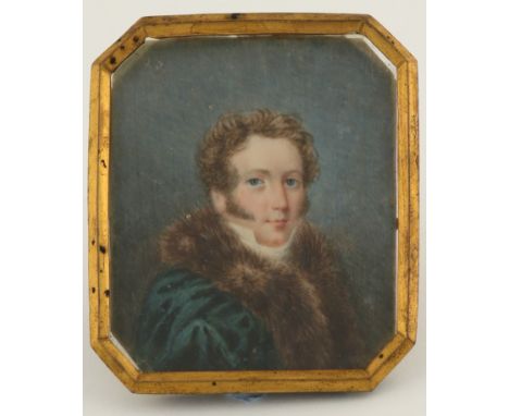 λContinental School Early 19th Century Portrait miniature of a gentleman, wearing a fur-lined green coat Rectangular with can