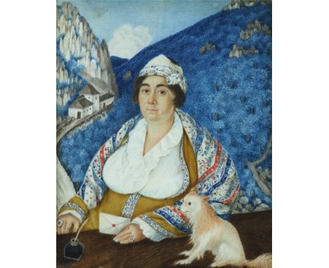 λEastern European School 19th Century Portrait miniature of a matriarch, holding a letter and with a toy spaniel, a mountaino