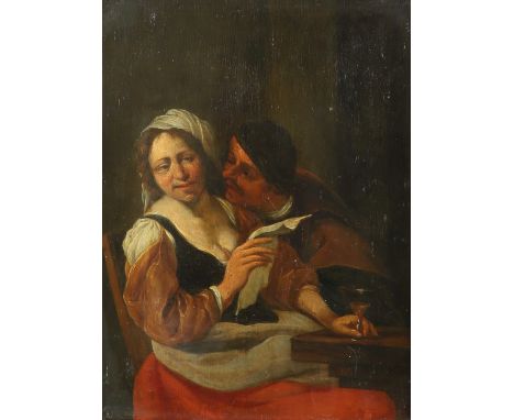 Attributed to Franz Anton Kraus (German 1705-1752) A boor courting a woman in a tavern Signed with initial K Oil on panel 29.