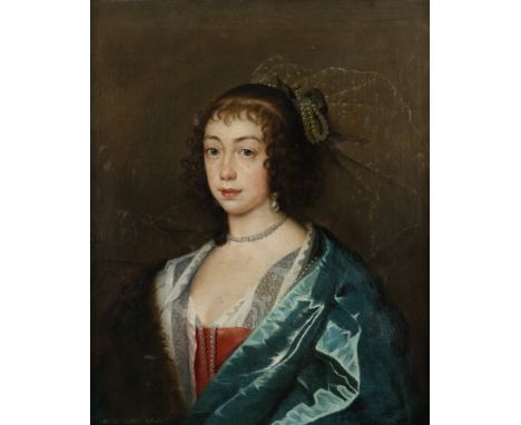 Follower of Sir Anthony van Dyck Portrait of Lady Vere Gawdy, half-length, wearing a blue fur-trimmed shawl and pearls in her