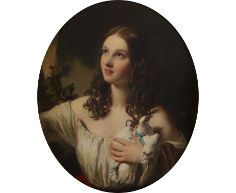 James Sant CVO, RA (1820-1916) Portrait of a young girl, half-length, in a white dress and red sash holding a dove Signed Oil