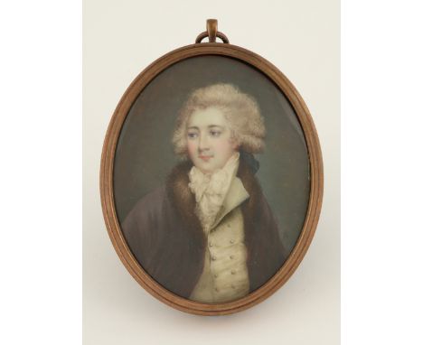 λEnglish School c.1780 Portrait miniature of a gentleman, in a fur-lined coat, white waistcoat and stock, with powdered hair 