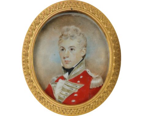 λEnglish School 19th Century Portrait miniature of a gentleman in military dress Oval, in a rectangular wooden frame 73 x 59m
