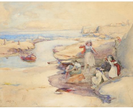 Charles Hodge Mackie (Scottish 1862-1920) Children playing on the beach Signed and dated 1898 Watercolour and pencil 44.5 x 5