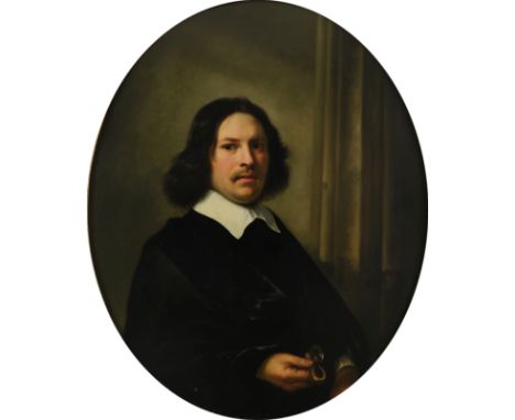 Attributed to Aelbert Cuyp (Dutch 1620-1691)Portrait of a gentleman holding a compass Oil on panel, oval 94.5 x 75.5cm; 37Ό x