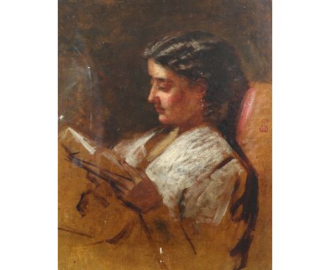 Circle of John Phillip Portrait of a girl reading Signed with monogram Oil on board 36.3 x 27.5cm; 14Ό x 10Ύin Provenance: Fo