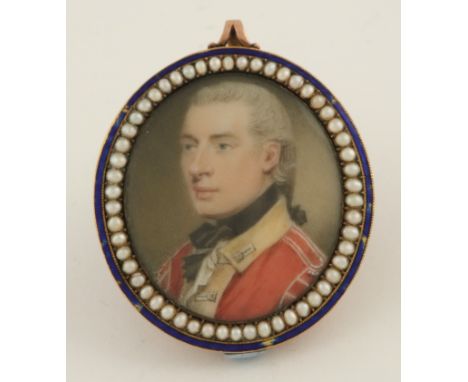 λEnglish School Late 18th Century Portrait miniature of an officer, in red uniform, hair en queue Oval, in gilt metal frame w