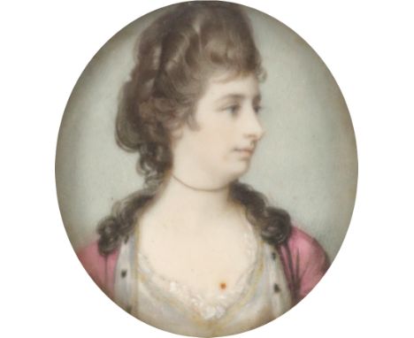 λAttributed to Samuel Cotes (1734-1818) Portrait miniature of a lady, wearing a white dress with pink ermine-lined jacket Ova