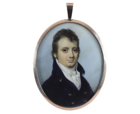 λGeorge Engleheart (1750-1829) Portrait miniature of Matthew Vaughan, in a blue jacket and white stock Signed with initial E 