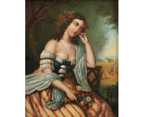 Continental School 19th Century Portrait of a young woman in a landscape, harvesting beyond Oil on tin 28.7 x 24.3cm; 11Ό x 9