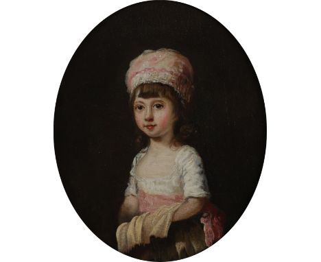 Attributed to Sir William Beechey RA (1753-1839) Portrait of a young girl, half length, wearing a white dress with pink sash,