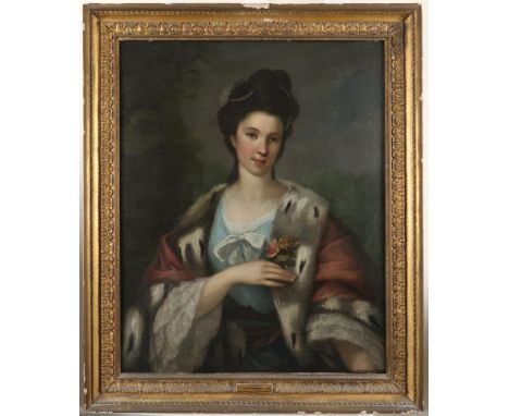 Follower of Francis Cotes Portrait of a lady, half-length, wearing a blue dress and red gown with ermine trim, and pearls in 