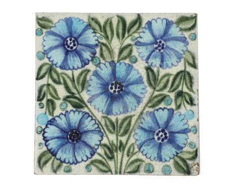 A William De Morgan, Sands End Pottery, 'Bedford Park Daisy' tile, painted in shades of blue and green on a white ground, imp