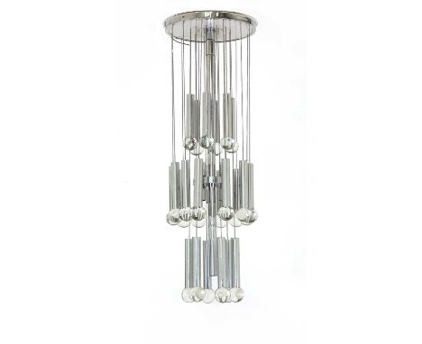 An Italian hanging ceiling light, fitted with chain and ball suspensions, the chrome stem with six bulb fittings. 34cm diamet
