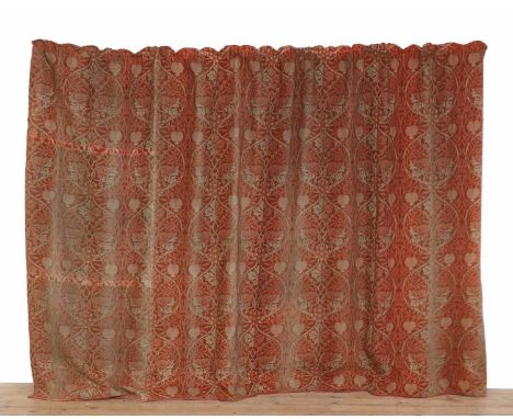 A pair of William Morris design curtains,the brick-red ground with stylised repeating stone-coloured foliate decoration,210cm