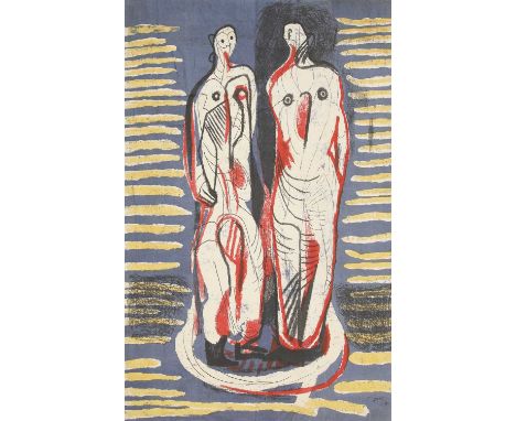 ▴ Henry Moore (1898-1986)'Two Standing Figures', 1949screenprint in colours on linen by Ascher Fabrics, signed and dated to t