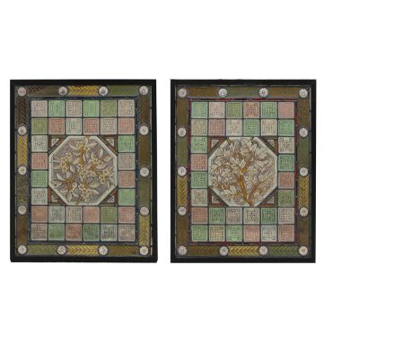 Two stained glass and leaded glass panels,1880s, each leaded light centred with an octagonal panel, one with hawthorn leaves,