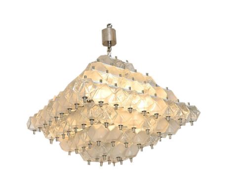 An Italian seven-tier square hanging light,the white lacquered brass frame hung with frosted and clear glass prisms, 53cm squ